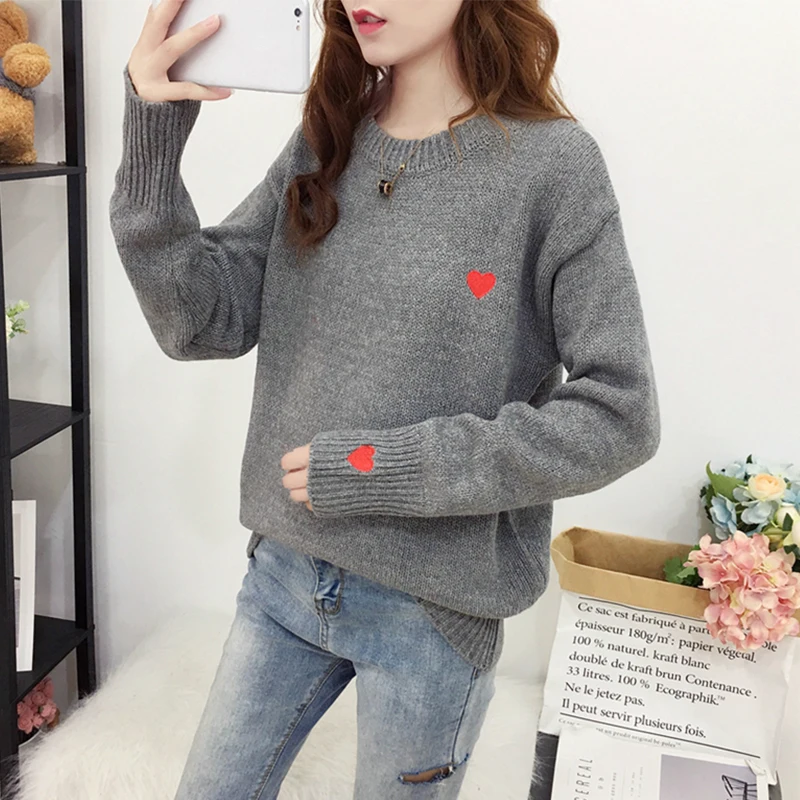 FMFSSOM Autumn Winter Knitted Heart Printed Women Pullovers Sweater Casual Woolen Warm O-neck Long Sleeve Female | Женская одежда