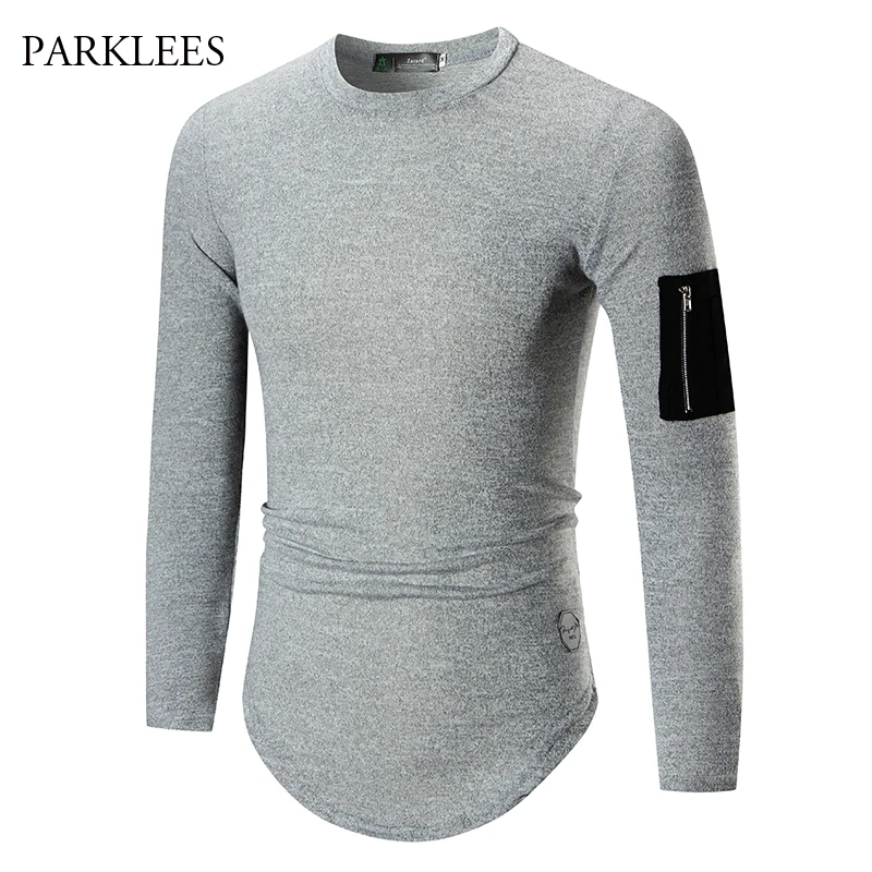 Мужская серая футболка с карманом на молнии новинка 2019 брендовая мужская длинным