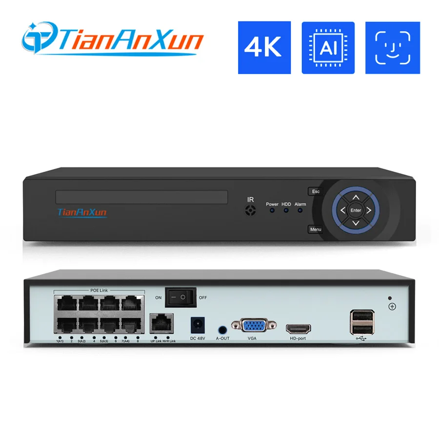 Скидка Видеорегистратор Tiananxun 4K Poe Nvr 8 Мп, система видеонаблюдения H.265, сетевое видеонаблюдение с функцией обнаружения лица и аудио для Ip-камер Onvif