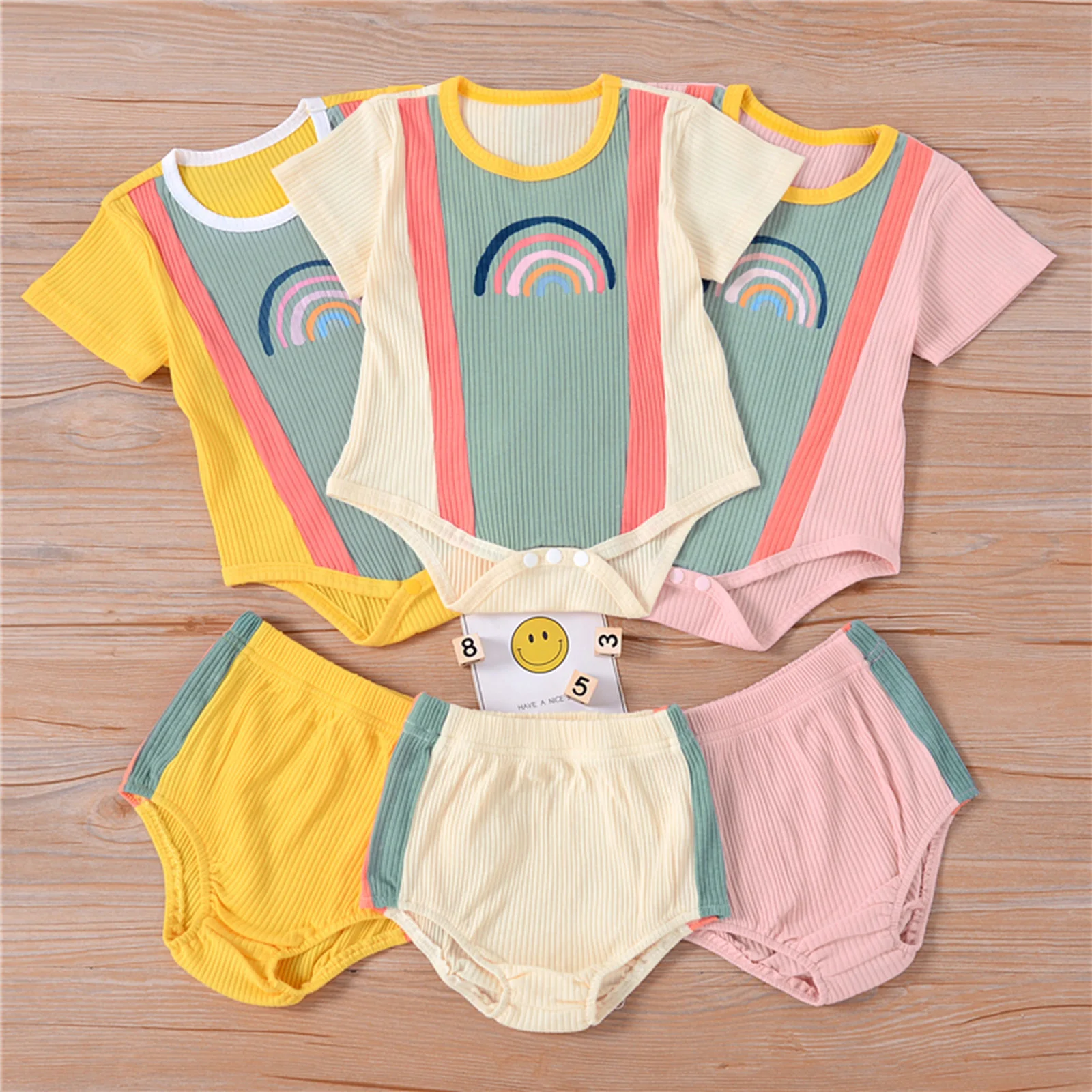 

12Pcs Baby Summer Ribbed Tracksuits, Match Color Rainbow Short Sleeves Romper + High-Waist Shorts for Toddler