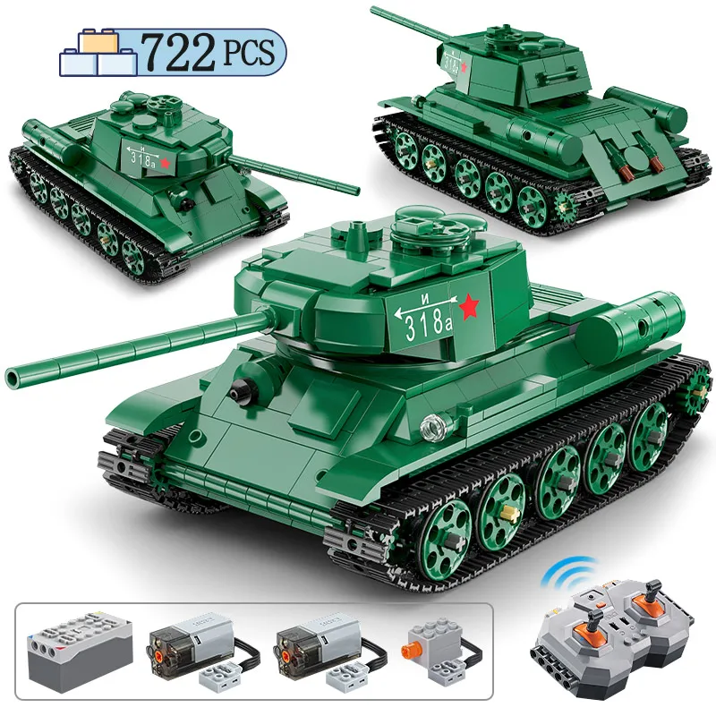 

727Pcs City WW2 Military Technical RC T34 Medium Tank Building Blocks Remote Control Army Weapon Bricks Toys for Children Gifts