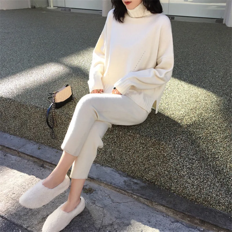 beige Женский комплект 2 шт. трикотажный спортивный костюм осень-зима костюм, комплект с длинными рукавами, Свитеры с высоким воротом Повседневное спортивный костюм конъюнкт де Mujer - Цвет: beige