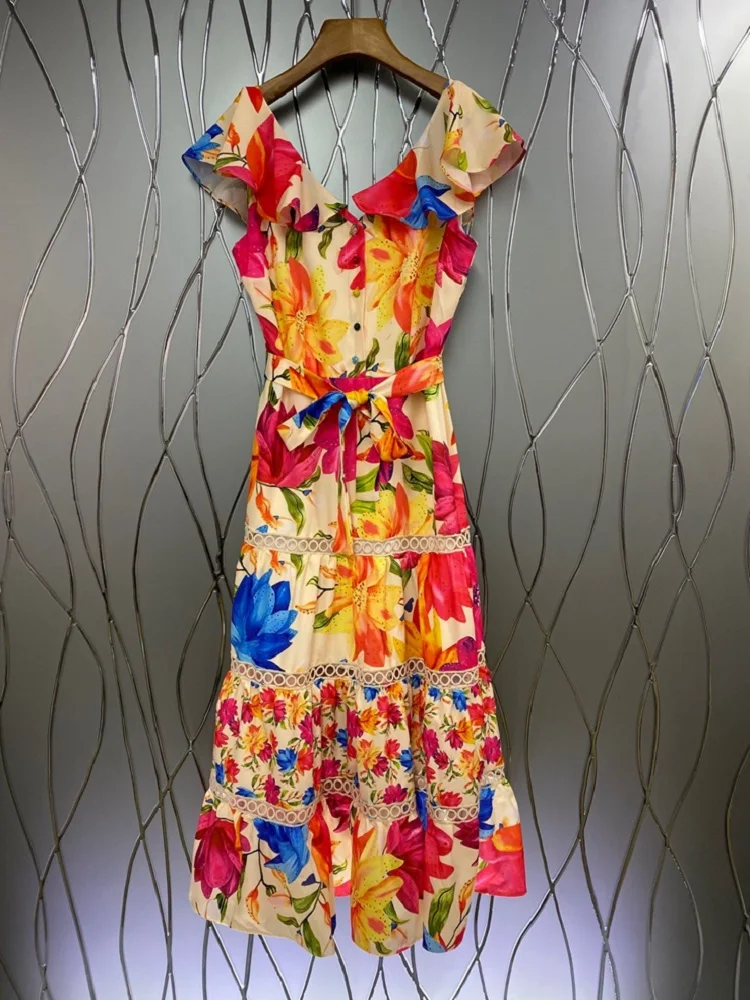 

100%Cotton Women's Dress 2021 Summer Clothes Ladies Turn-down Collar Exquisite Prints Belt Deco Sleeveless Casual Shirt Dress