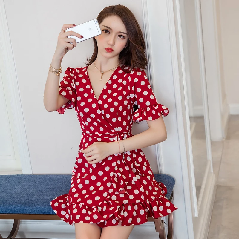 Женское винтажное красное платье в горошек Пляжное Платье на бретелях с v