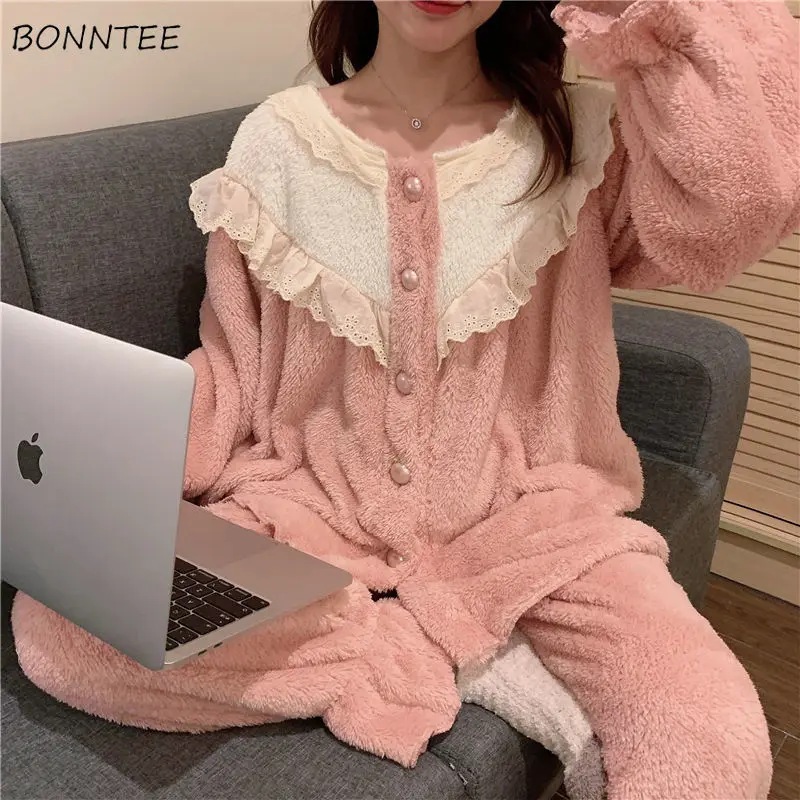 

Pajama Sets Women Coral Velvet Pink Patchwork Sweet Lace Princess Button O-neck Loose Cute Korean Style Home Clothing Chic New