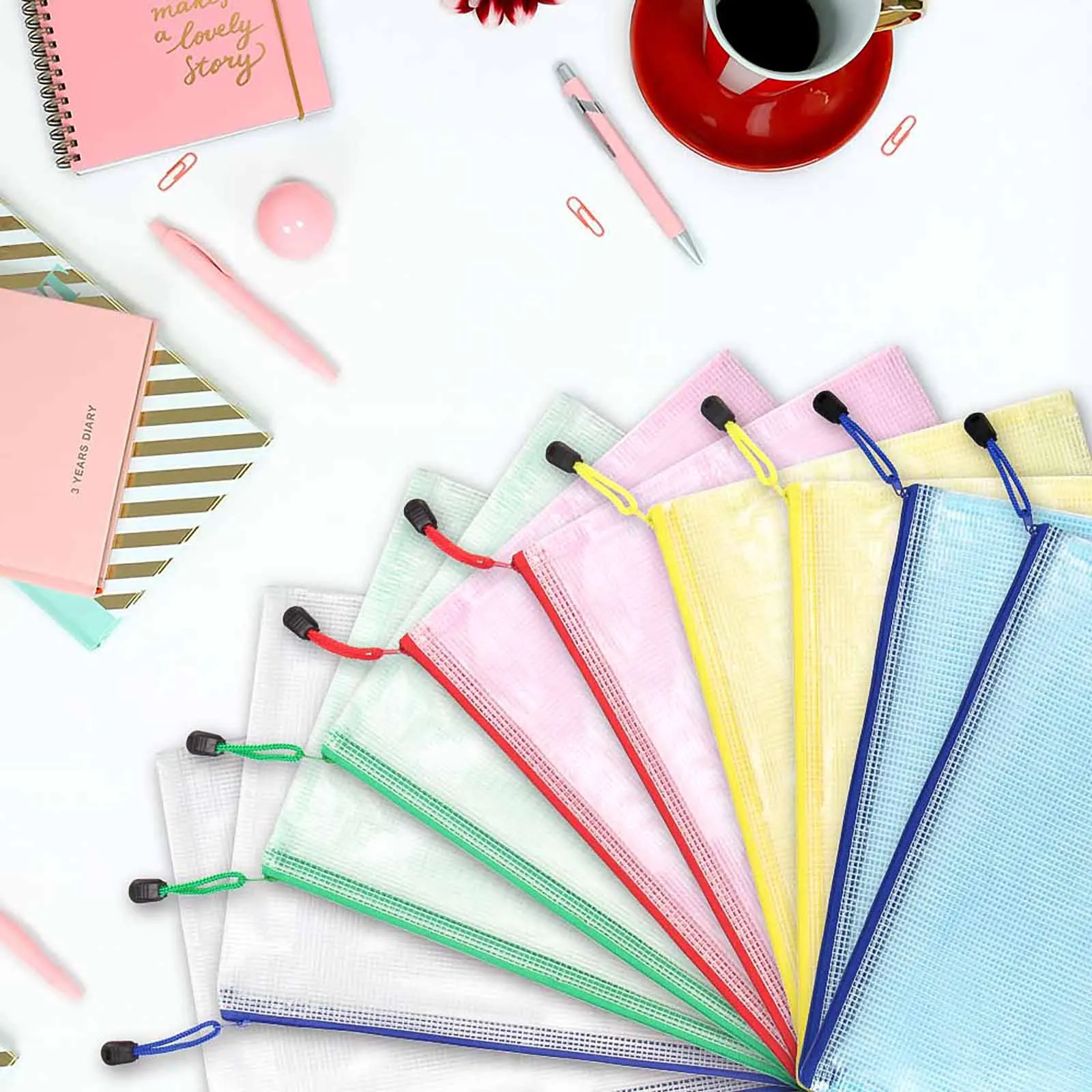 

1 Pc Floder bag PVC mesh zipper bag waterproof Filing Products file folder storage 10 piece A4 Mesh Zipper Holder A5 Bill Bag