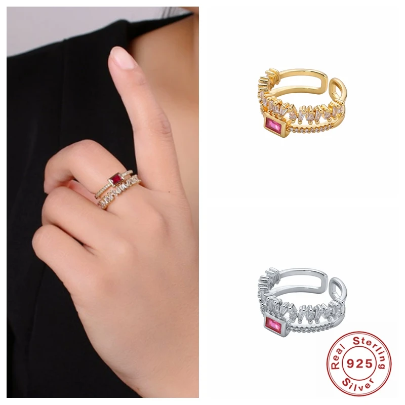 

KOJ Fashion 925 Sterling Silver Colorful Black Green Red Shiny Crystal Zircon Opening Rings for Women Engagement Wedding Jewelry