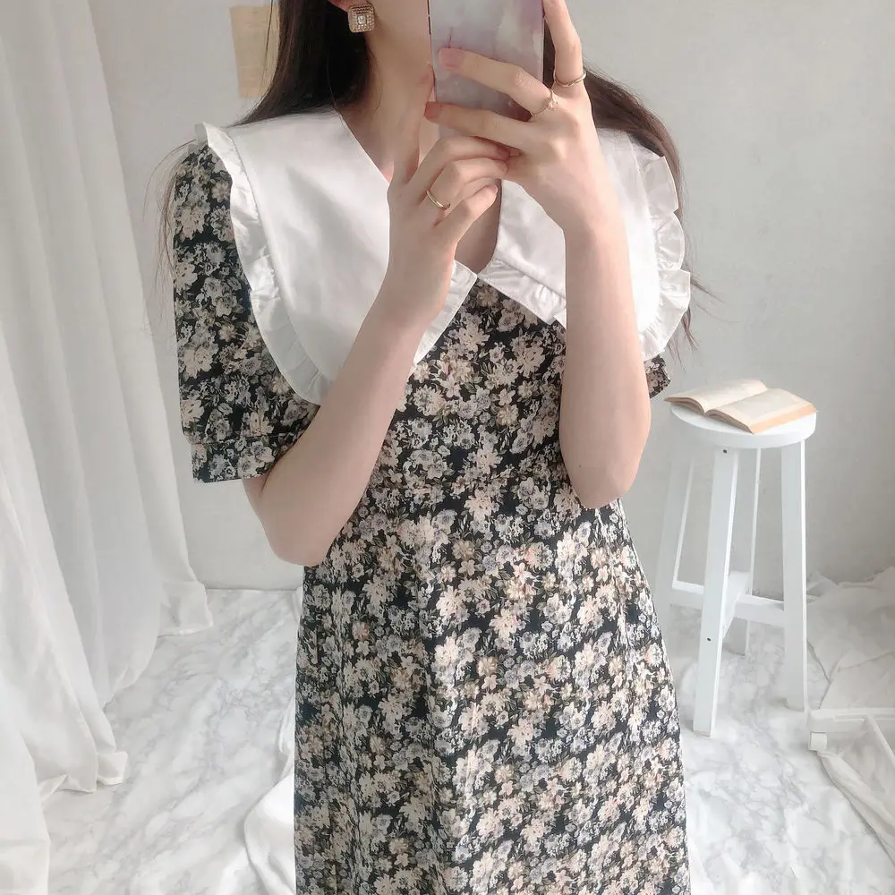 

COIGARSAM Patchwork Women dress Floral Print Chiffon Peter pan Collar Dresses Light Color Dark 8316