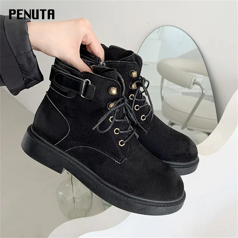 

2021 Ankle Martin Boots British Style Booties Women All-match Vintage Botas Mujer Spring Flat Lace Up Female Trendy Shoes B008P