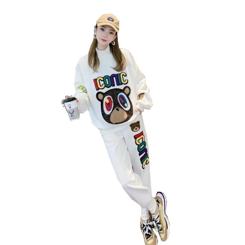 

2 Piece Suit 2021 Winter Warm Two Piece Female Korean Version Loose Casual High Collar Plus Velvet Thick Set Letter Cartoon Top