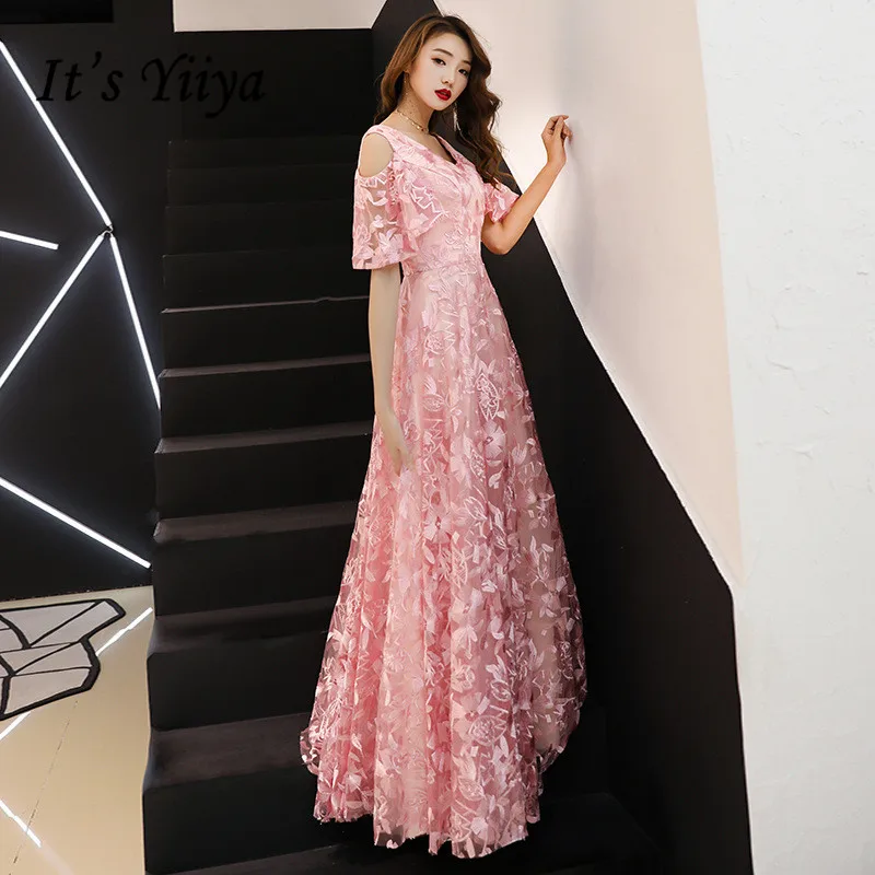Женское длинное вечернее платье It's Yiiya розовое ТРАПЕЦИЕВИДНОЕ ПЛАТЬЕ С V