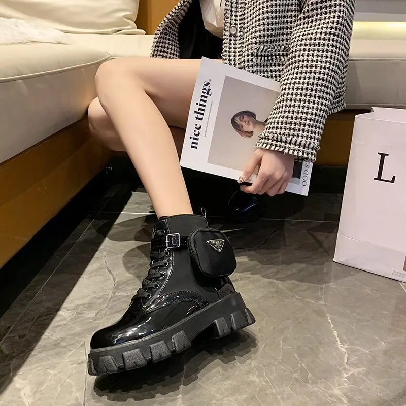 

2021 Spring Women Ankle Boots Pocket Short Boot Ladies Lace Up Shoes Female Platform Comfortable Black Chunky Ankle Boot
