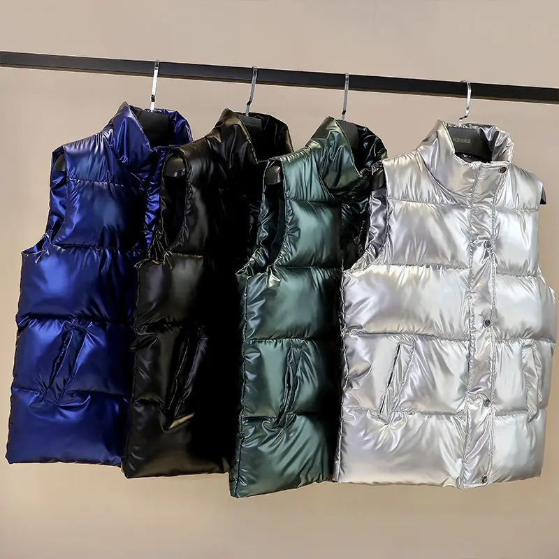 

New Winter Casual Solid Color Bright Face Sleeveless Jackets Stand Collar Women Vests Zipper Thickened Outwears Bread Waistcoats