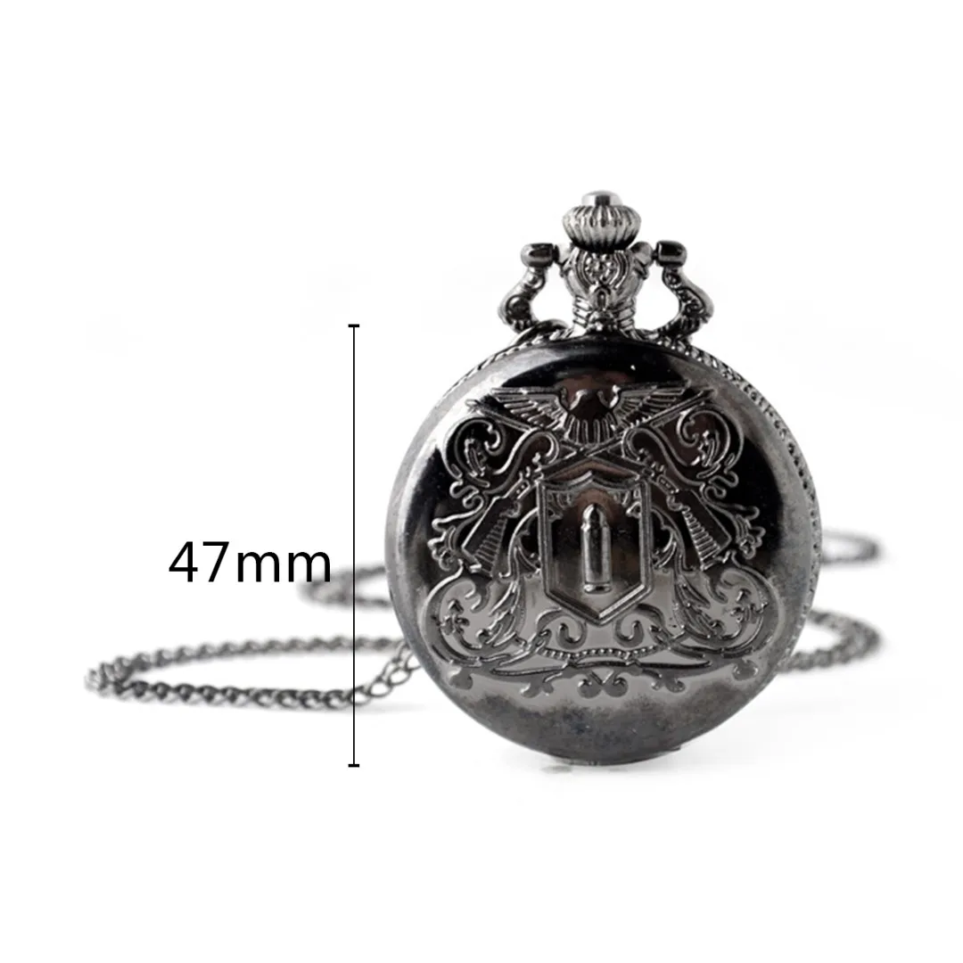 

Vintage Black Pocket Watch For Men Women Charm Carved Flower Round Quartz Watch with 80cm Pocket Watch Chain Unisex