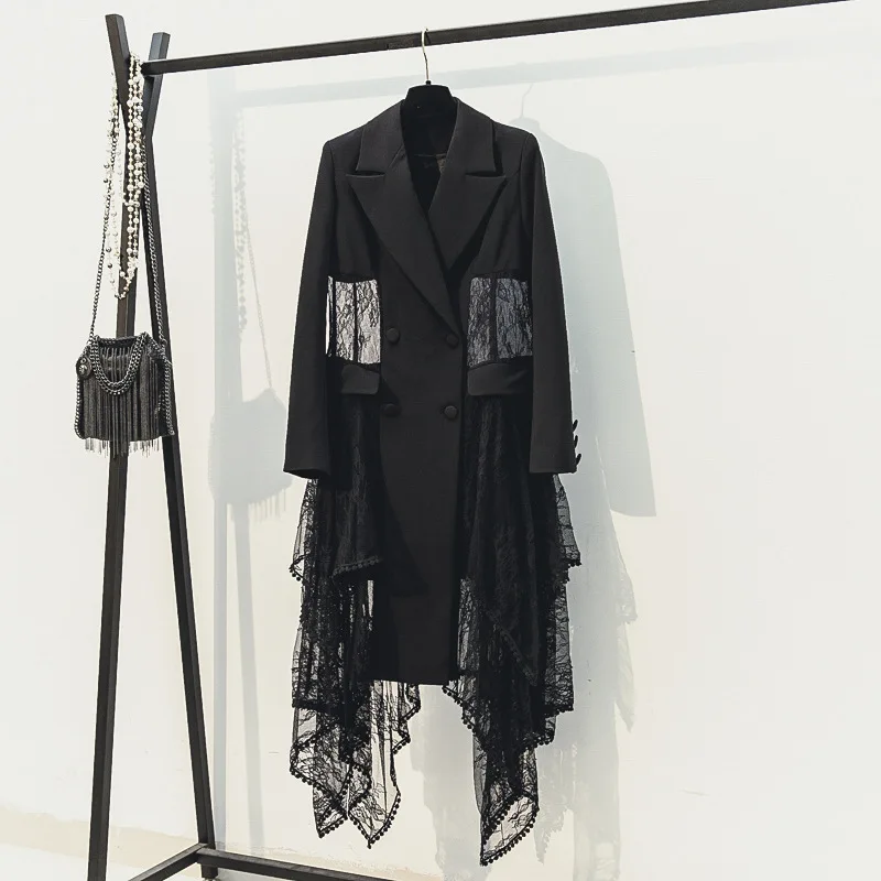 

SuperAen Black Suit Coat Women's 2020 New Autumn Slim Full Sexy Lace Splicing Medium and Long Office Lady Blazer