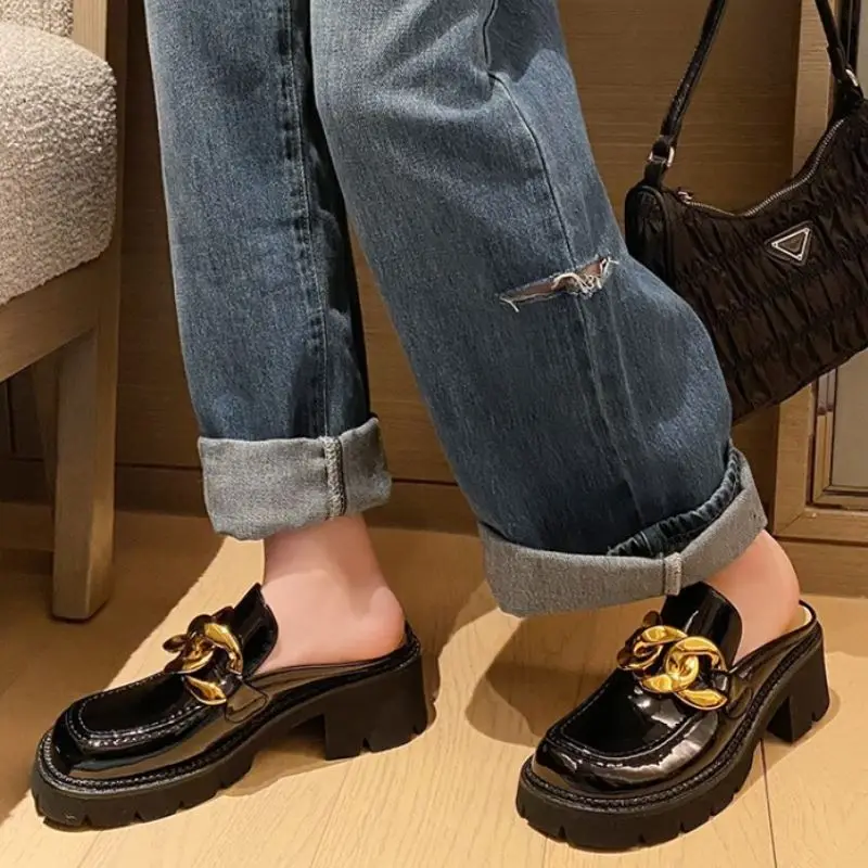 

ZALAVOR New Fashion High Quality Genuine Leather Sandals Square Toe Thick High Heel Metal Chain Lofers Footwear Size 34-40