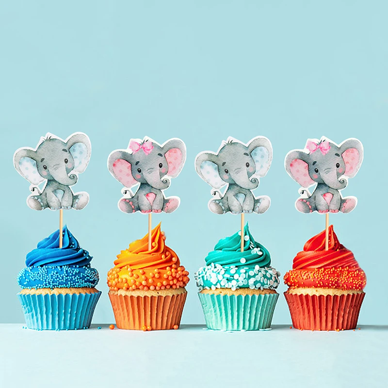 

12pcs Pink Blue Baby Elephant Cupcake Toppers Baby Shower Food Picks Gender Reveal Birthday Party Supplies Animals Theme Party
