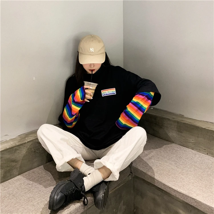 Harajuku футболка женская осенняя одежда корейский стиль полосатый лоскутный рукав футболки женские повседневные футболки Топ