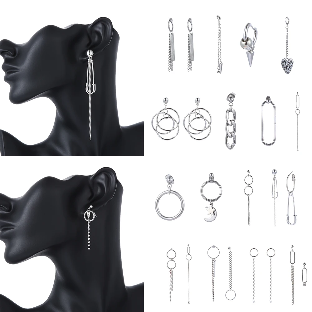 Punk Earrings Long Tassel Stainless Steel Ear Stud Geometry Chain Irregular Hoop Dangle Women Jewelry Men Boys | Украшения и