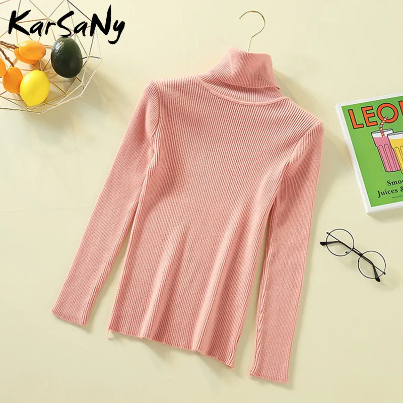 Light pink KarSaNy, осенне-зимний женский вязаный свитер с высоким воротом, пуловер с длинным рукавом, джемпер с высоким воротником, женский свитер с высоким воротником, водолазка - Цвет: Light pink
