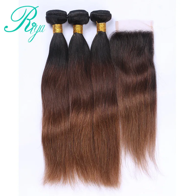 Riya волосы Омбре перуанские прямые 3/4 пучки человеческие с 4*4 кружевами закрытие