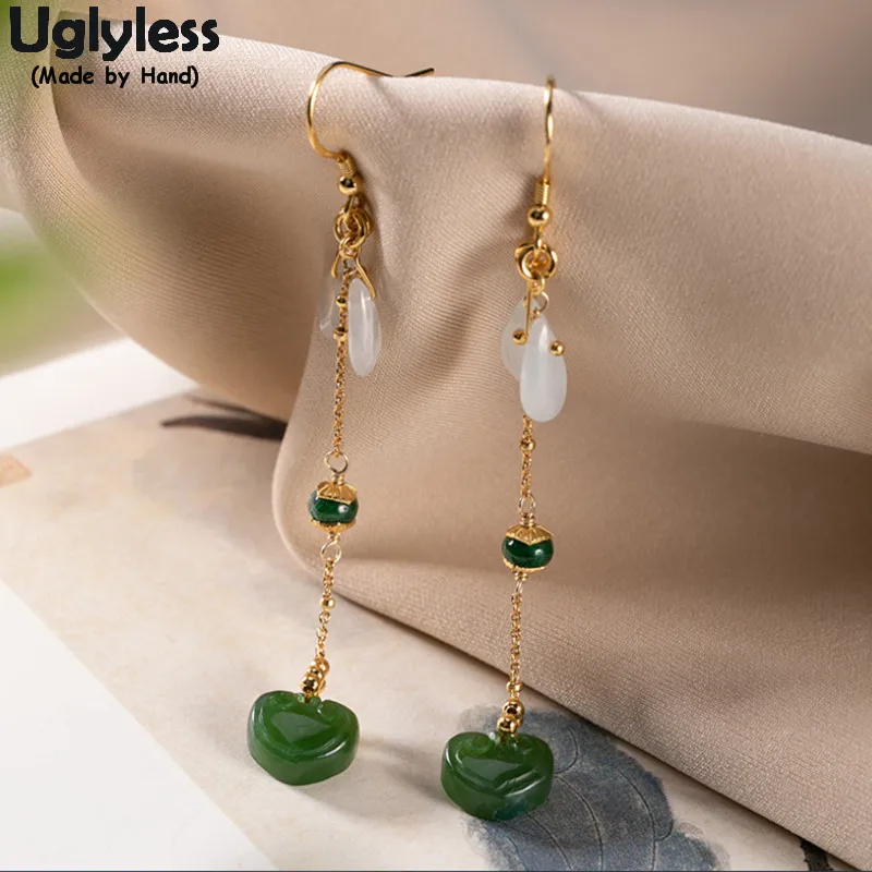 

Uglyless Ethnic Fashion 80MM Long Gemstones Earrings for Women Natural Jade LOVE Heart Earrings for Girlfriends 925 Silver Jewel