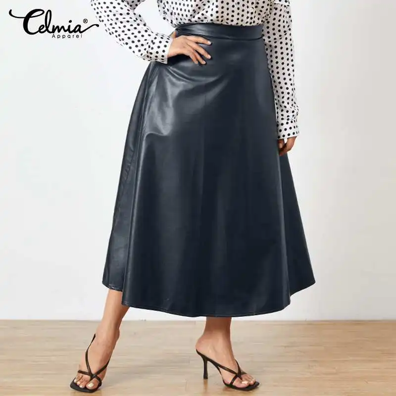 

Осень 2021, юбка миди Celmia из искусственной кожи, Женская Офисная Однотонная юбка в стиле ретро, длинные юбки из искусственной кожи, вечерние юб...