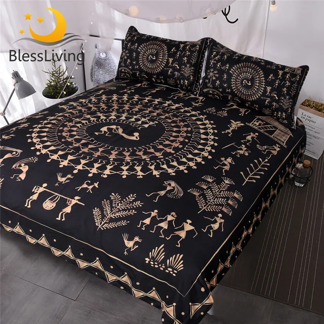 BlessLiving Egyptian Black and Gold Bedding Sets Ancient Art Gold Comforter Cover Yellow Decorative 3 Piece Duvet Cover Set 1