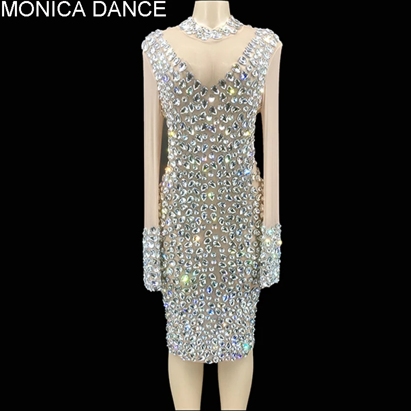 

Women Sexy Sparkly Silver Big Crystals Transparent Dress Evening Birthday Celebrate Luxurious Costume Dancer Flashing Dress