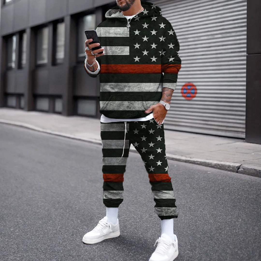 

New European and American color flag elements hoodie set casual two-piece set 3D printed suits Spring/summer men's large size
