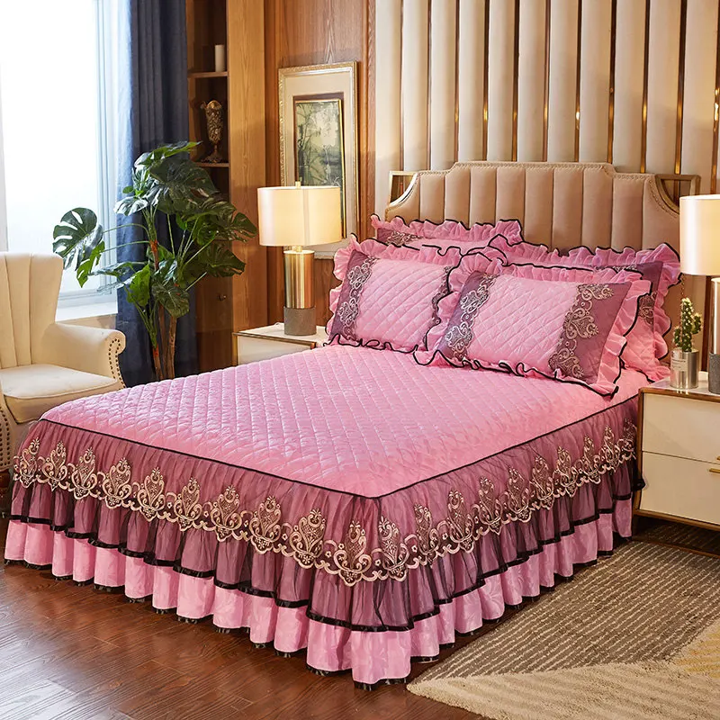 Lace Velvet Bed Skirt Queen Full King Cover with Surface Quilted Bedspread Elastic Band Soft Warm European 3-Piece | Дом и сад