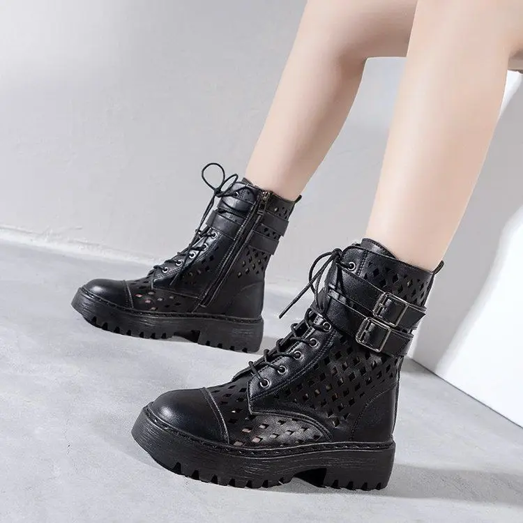 

2020 New Summer Autumn Martin Boots White Hole Eye Breathable Flat Bottom Casual Boots Lace-up Fashion All-match Shopping Boots
