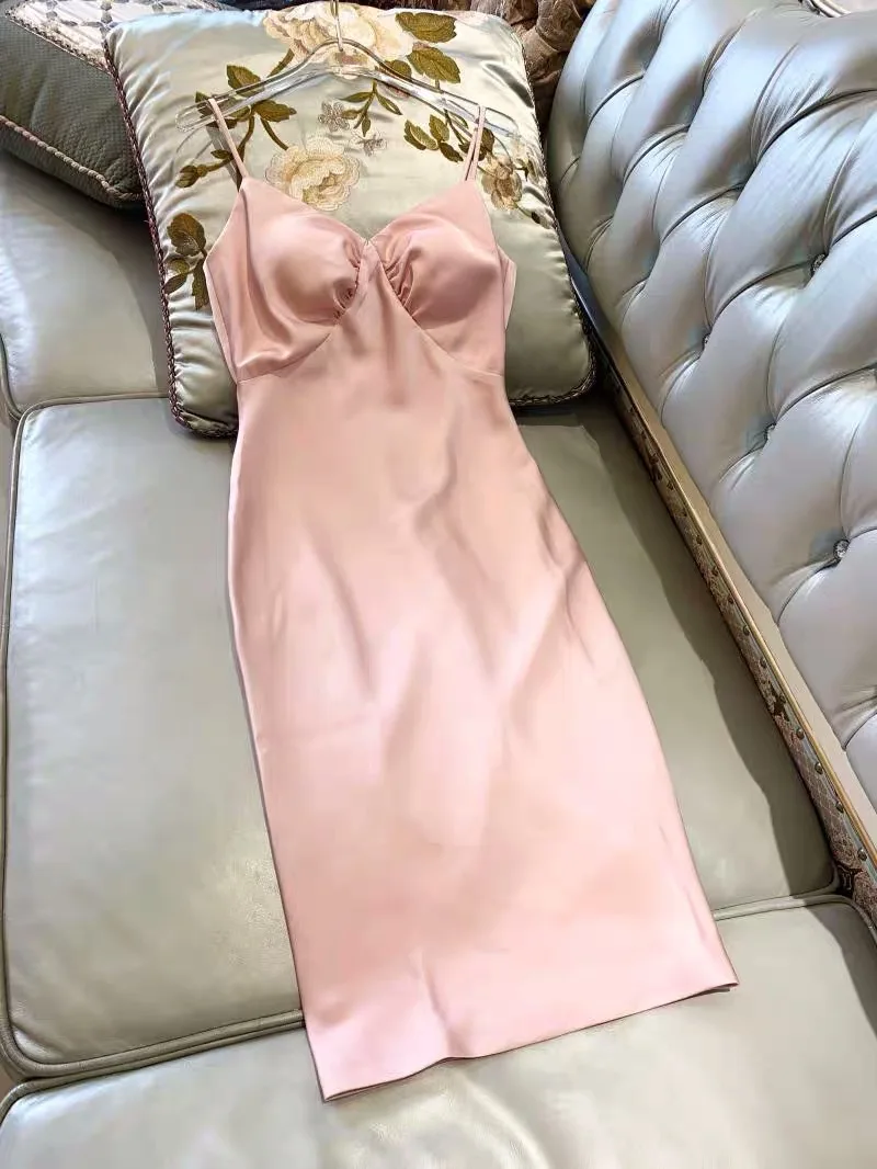 

Pink Satin For Ladies Sexy Dress French Style Elegant Womens Spaghetti Strap Midi Dress Bodycon Night Club Wear Party Vestidos