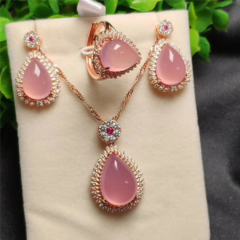 

LETSFUN 3pcs 925 Sterling Silver Rose Gold Natural Pink Jade Gemstone Drip Pendant Necklace Bracelet Earrings Women Jewelry Set