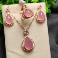 LETSFUN 3pcs 925 Sterling Silver Rose Gold Natural Pink Jade Gemstone Drip Pendant Necklace Bracelet Earrings Women Jewelry Set