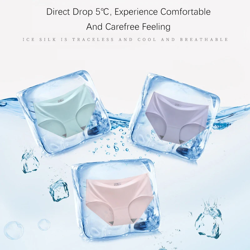 Traceless Women Briefs One-piece Ice Silk Panties Ladies Solid Color Anti-bacterial Midwaist Cotton Crotch For Girls Underpants | Женская