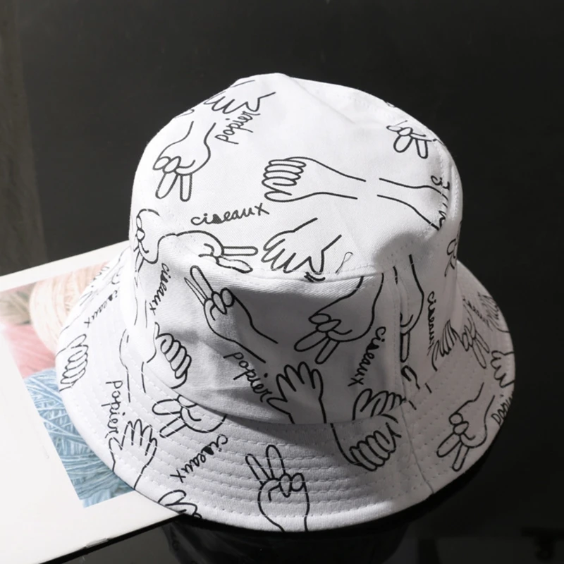 

Rock Paper Scissors Graffiti Print Bucket Hat Harajuku Hip Hop Fisherman Cap 6XDA