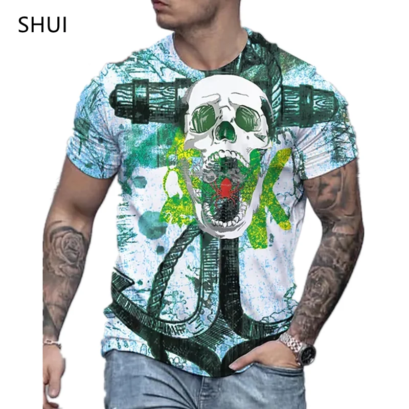 

Мужская ужасная футболка с черепом, мужская рубашка с 3D-принтом в стиле хип-хоп, забавная футболка с круглым вырезом и 3D-принтом, летние мужс...