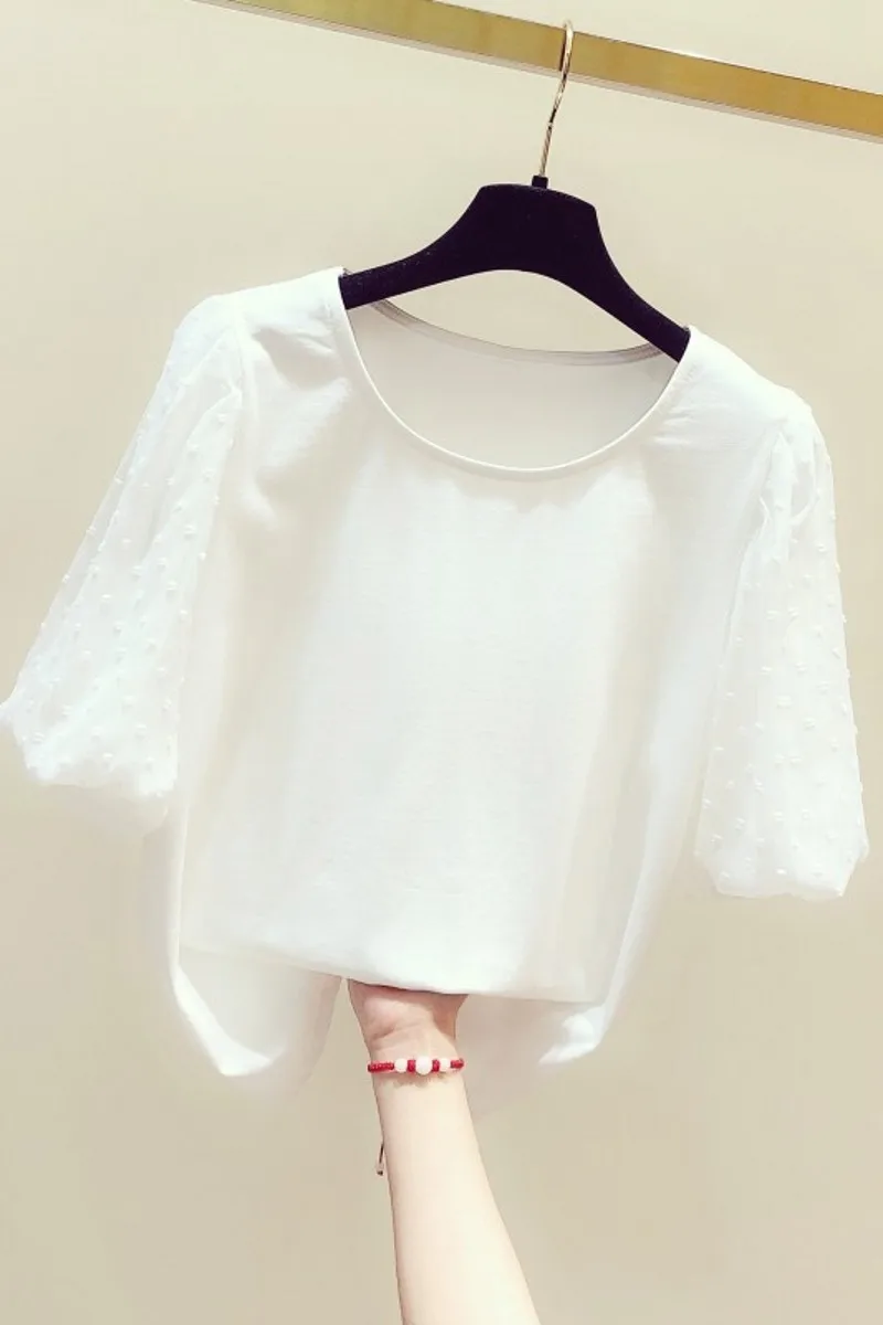 

2020 Newkorea-style Summer O Neck Female Pullovers Top Mesh Puff Sleeve White T-shirts Loose Casual Women Basic Tees Students