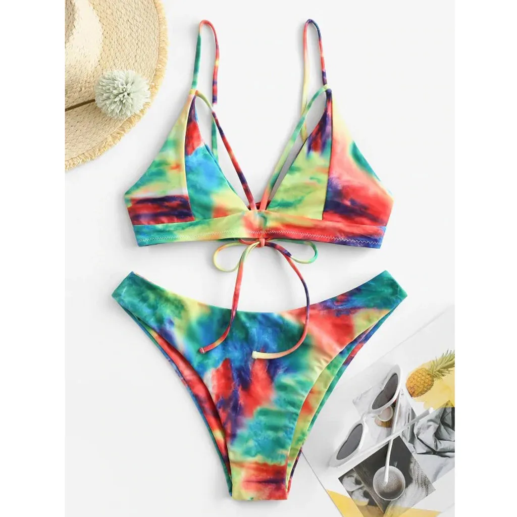 Сексуальный бикини с галстуком краской Maillot De Bain Femme Swmsuit на шнуровке высоким