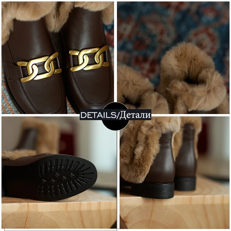 

ISNOM Women Genuine Leather Ankle Boots Round Toe Slip On Warm Fur Shoes Metal Decor Fashion Outdoor Low Heels Winter Boots 2020