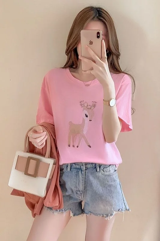 

Temperament Beaded embroidered T-shirt 2021 summer new women's deer embroidered spring summer round neck top