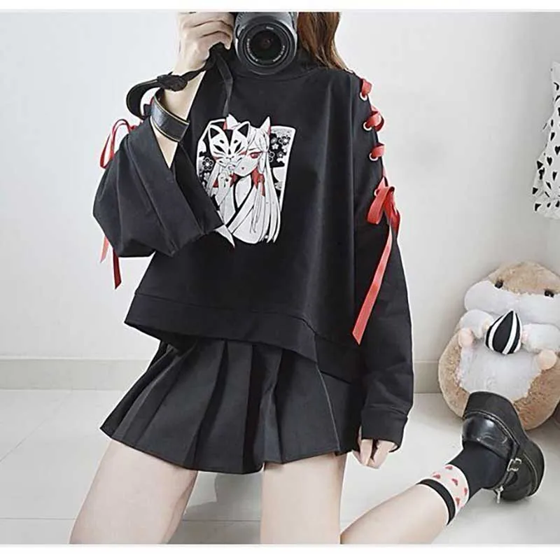 Толстовка Женская Винтажная с длинным рукавом Свитшот со шнуровкой и принтом