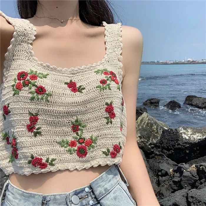 

Korean Beach Style Women's Clothing Off Shoulder Knitted Tees Summer Crop Top Floral T Shirts Fashion Brand Ladies Tops New