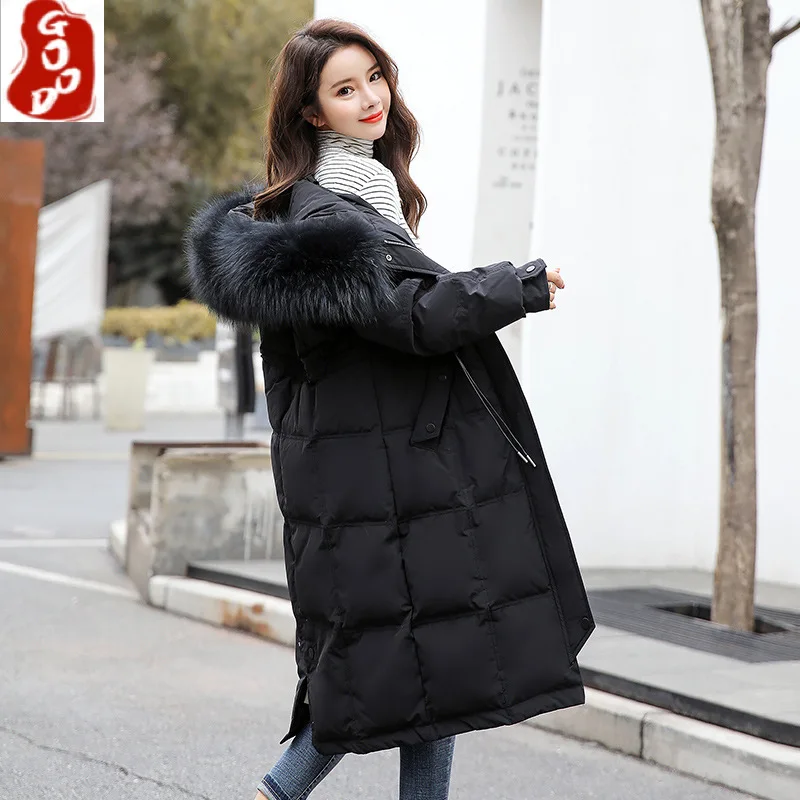 

Женская длинная куртка на белом утином пуху, зимние парки с капюшоном и воротником из лисьего меха, корейская мода, 90%, пальто для женщин 8, 2021
