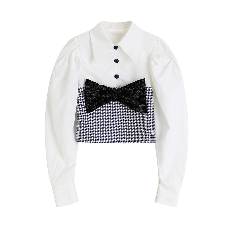 

2021 New Spring Autumn Woman Blouse Big Bow lattice Houndstooth Puff Sleeve Lady Office Work Shirt Korean Crop Top Hedging Tops
