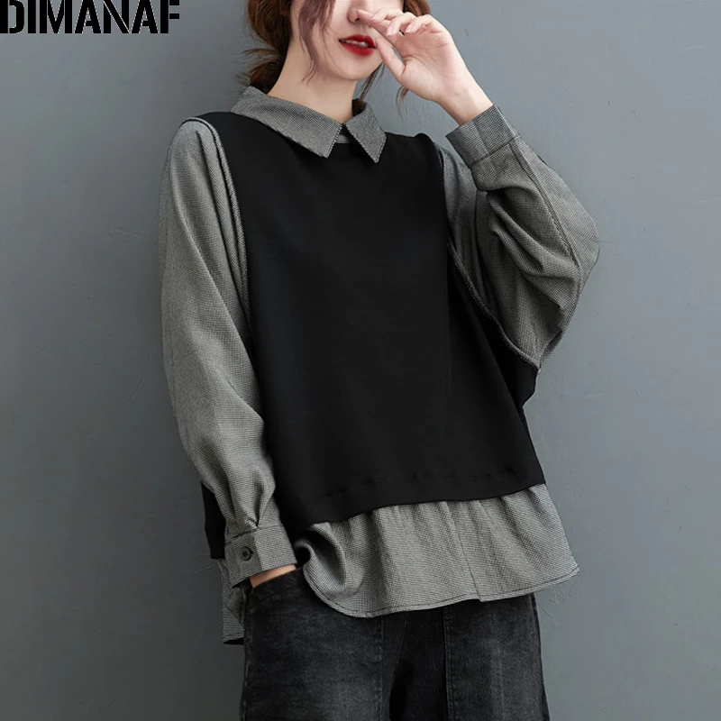 

DIMANAF Spring Casual Lady Shirts Women Clothing Oversize Tops Tees Tunic Long Sleeve Cotton Loose T-Shirt Blouse Black Zipper