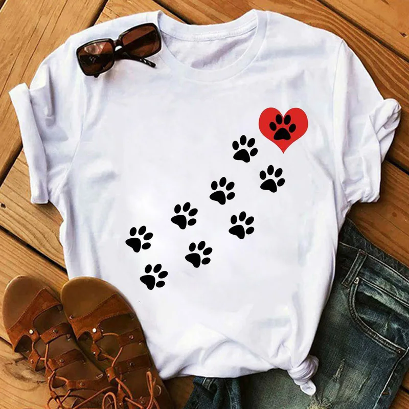 

Summer Cute Creativity Heart Dog Paw Print T Shirt Fashion White O Neck Casual Short Women's Top T-shirt