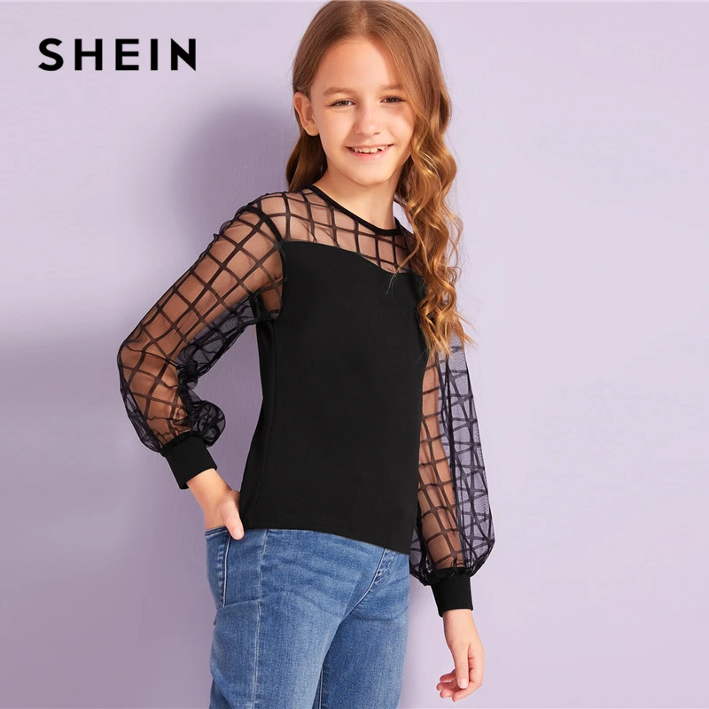 SHEIN Kiddie/черная Повседневная Блузка с контрастной сеткой на плечах детские топы года, Осенние Блузы с длинными рукавами и пуговицами сзади для подростков