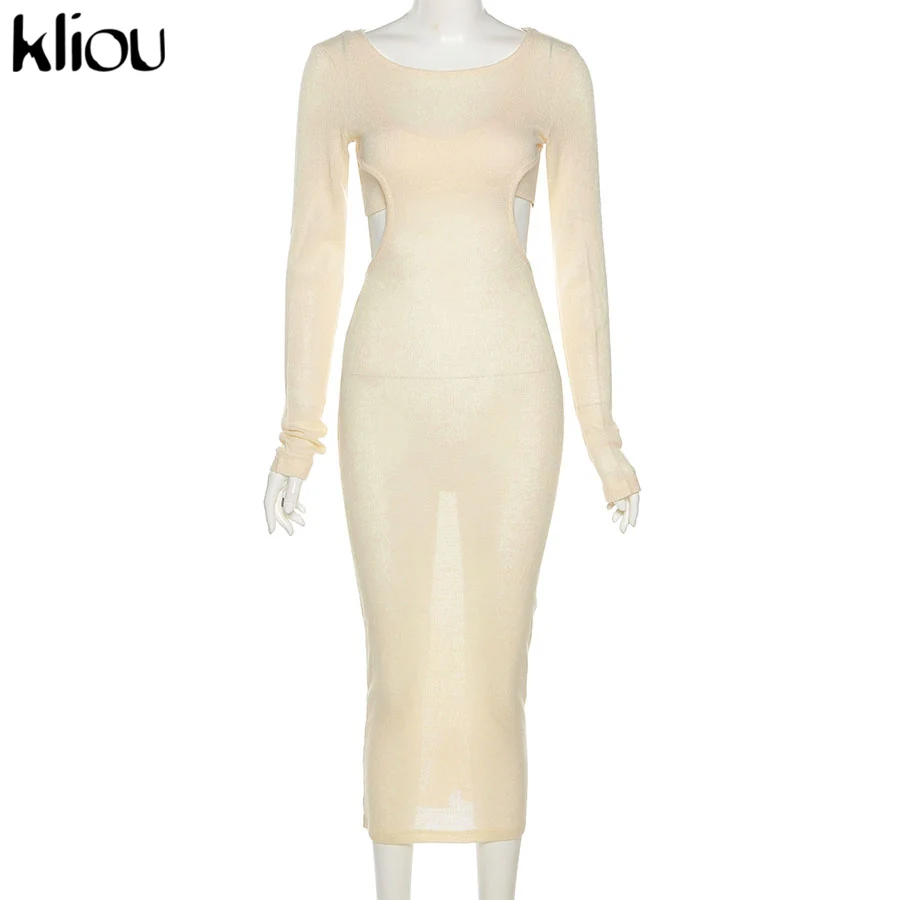 

Kliou Knitted Two Piece Set Women Skirt Elegant Lined Sleeveless Camisole Top+Long Sleeve Backless Female Dress